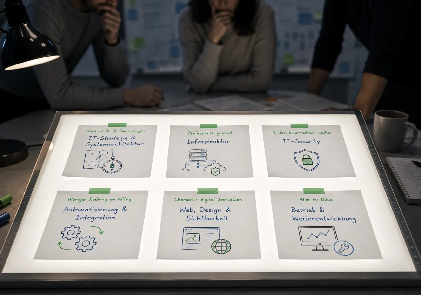Sechs beschriftete Konzeptblätter für IT-Strategie, Infrastruktur, IT-Security, Automatisierung, Webdesign und Betrieb liegen geordnet auf einem Leuchttisch.