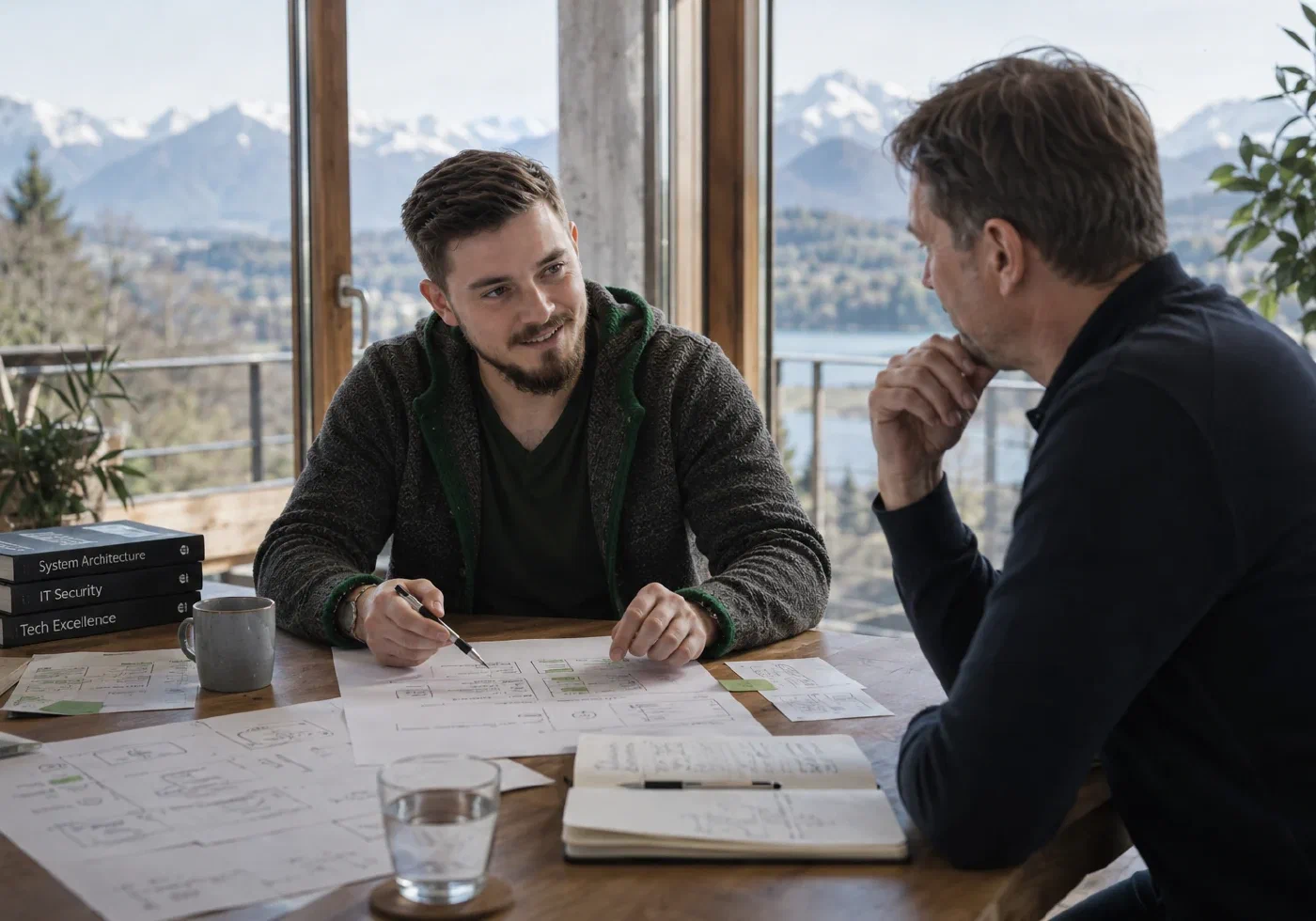 Xaver Pummer bespricht mit einem Unternehmer eine Systemskizze an einem Holztisch; im Hintergrund sind See und Berge des Oberlands zu sehen.