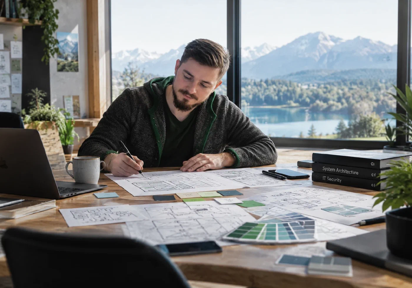 Xaver Pummer entwickelt an einem großen Holztisch eine Systemarchitektur; um ihn liegen Skizzen, Farbproben und technische Fachbücher, dahinter ist eine Oberland-Landschaft zu sehen.